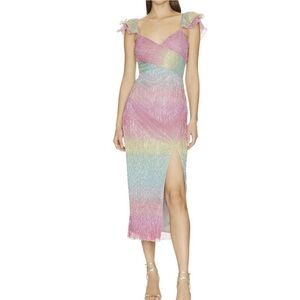 NWOT Saylor Ombre Metallic Myrah Ruffle Shoulder Slit Midi Dress sz Large L